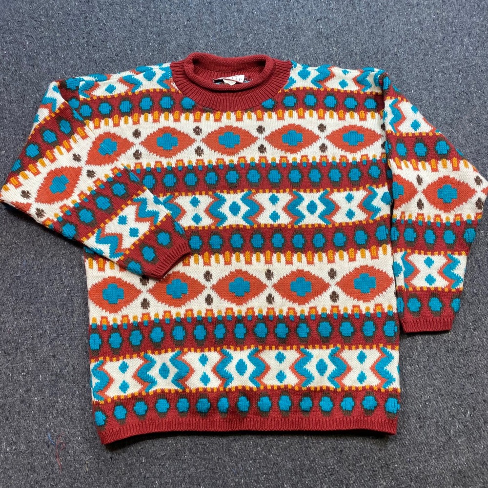 Forelli Geometric Sweater Sz 1X Womens Red Southwestern Boho Retro Crewneck